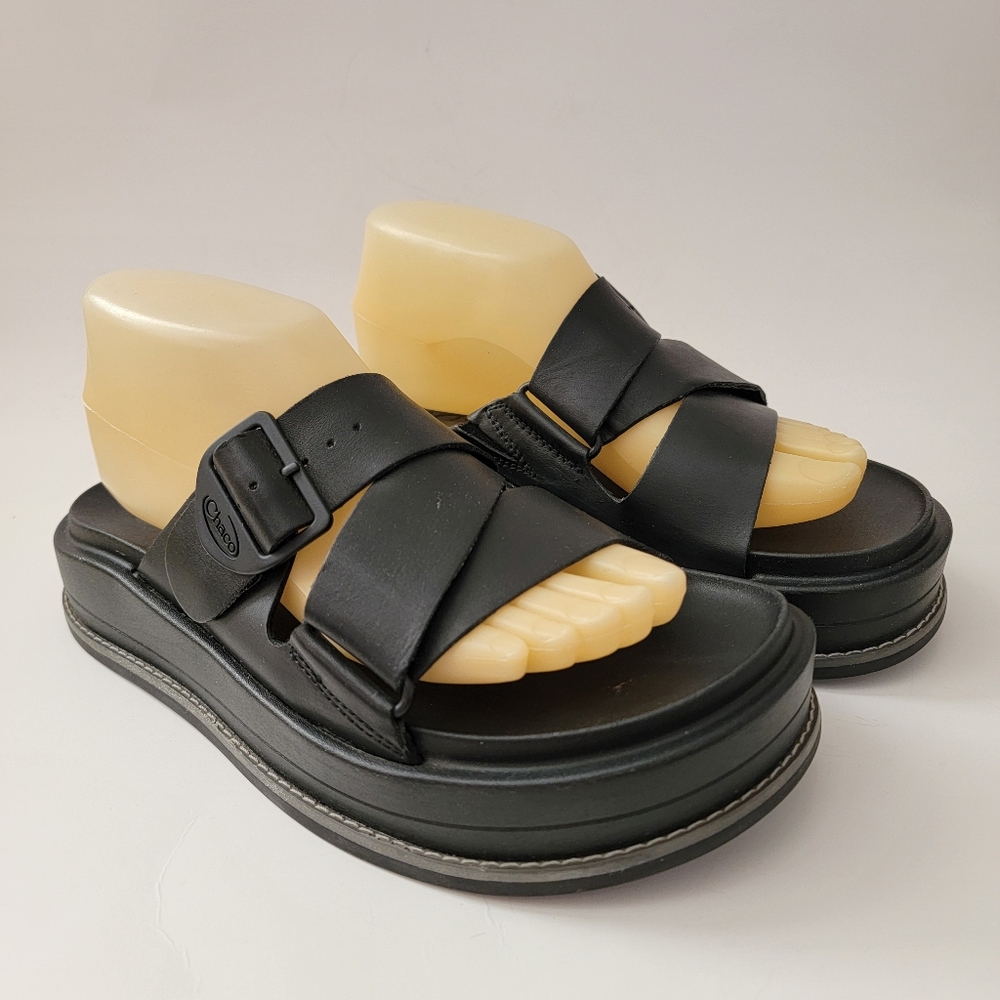 Chaco Townes Midform Black Leather Slides Sandals Slip On Shoes Womens Size 9